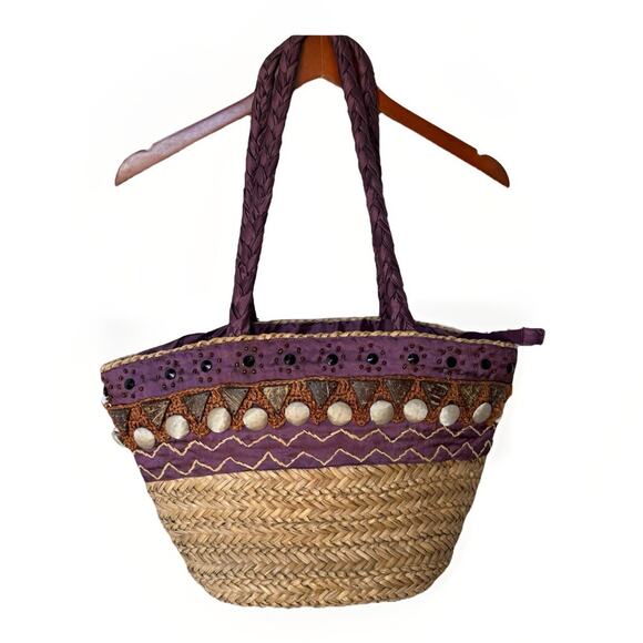 Sun and Sand Wicker Bag Purse Purple Accents‎ Zipper Closure Inside Pockets - Picture 1 of 12